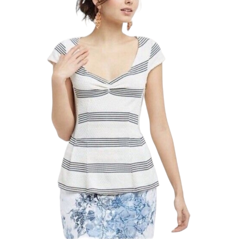 Anthropologie Postmark Sweetheart Dot Dash Striped Textured Peplum Top